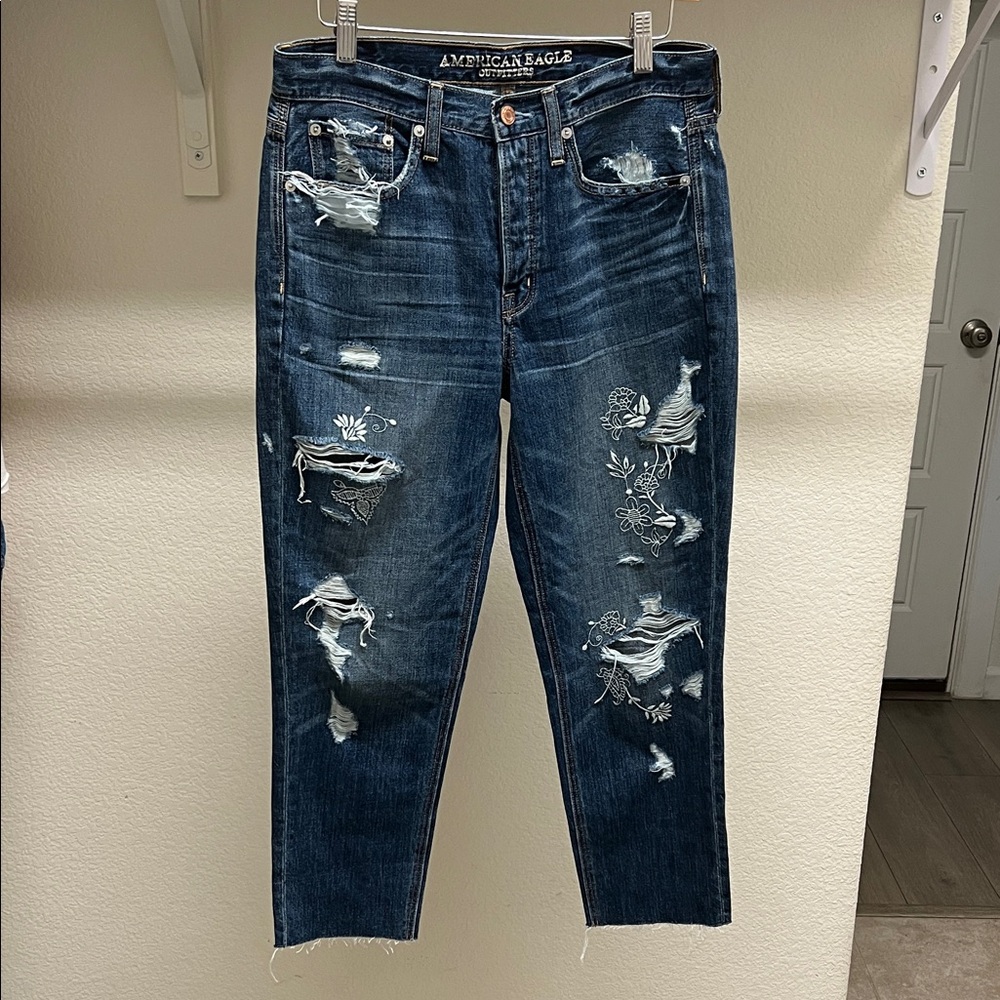 American Eagle Outfitters Men's Dark Blue Distressed Jeans